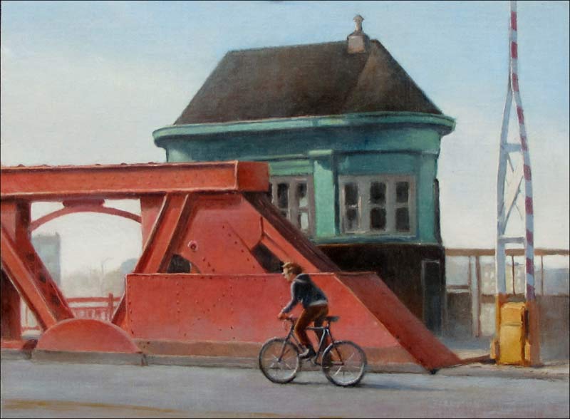 Chicago Ave. Bicyclist, 12 x 16. in., oil on linen mounted on board