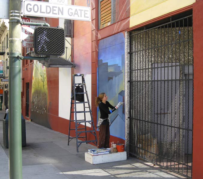 Mona Caron Working on her Tenderloin Mural