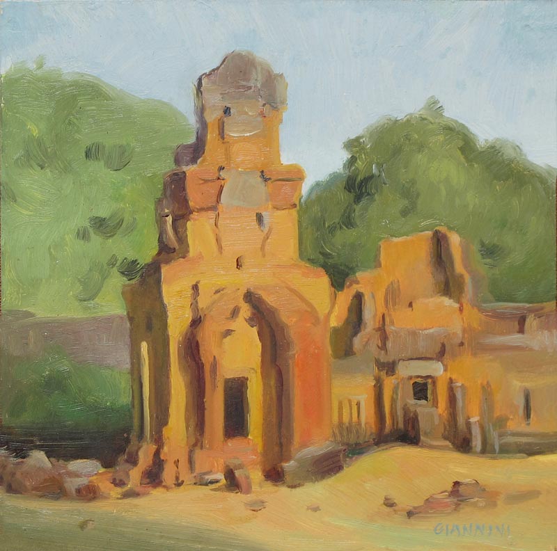 Storehouses of Angkor, Cambodia, oil on matboard, 7x7 in.