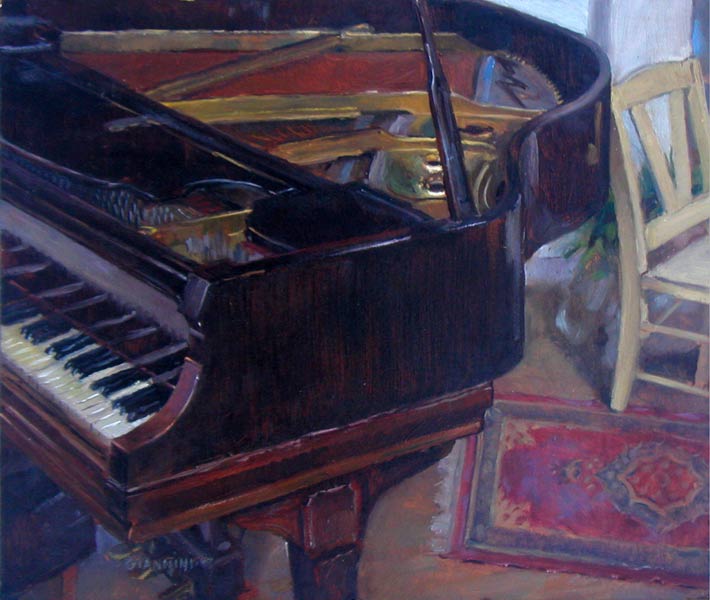 Christian's Piano, 16 by 18 in. Oil on Board, Artist's Collection