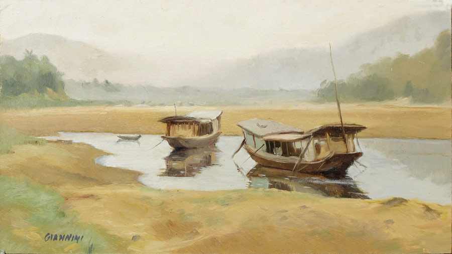 Morning on the Mekong River, Luang Prabang, Laos, 5 by 9 in. Oil on Board