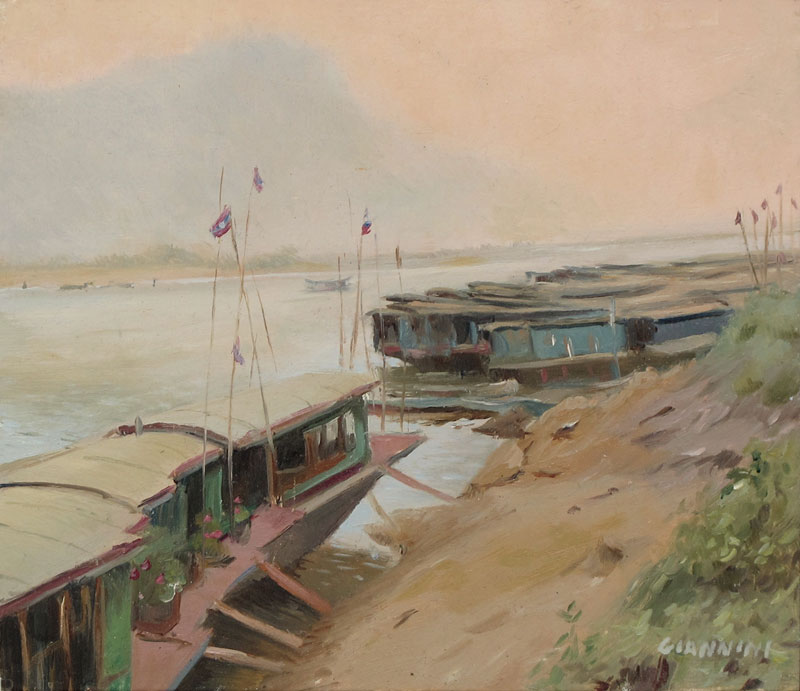 Mekong River Boats, Luang Prabang, Laos, 7 by 7 in. Oil on Board