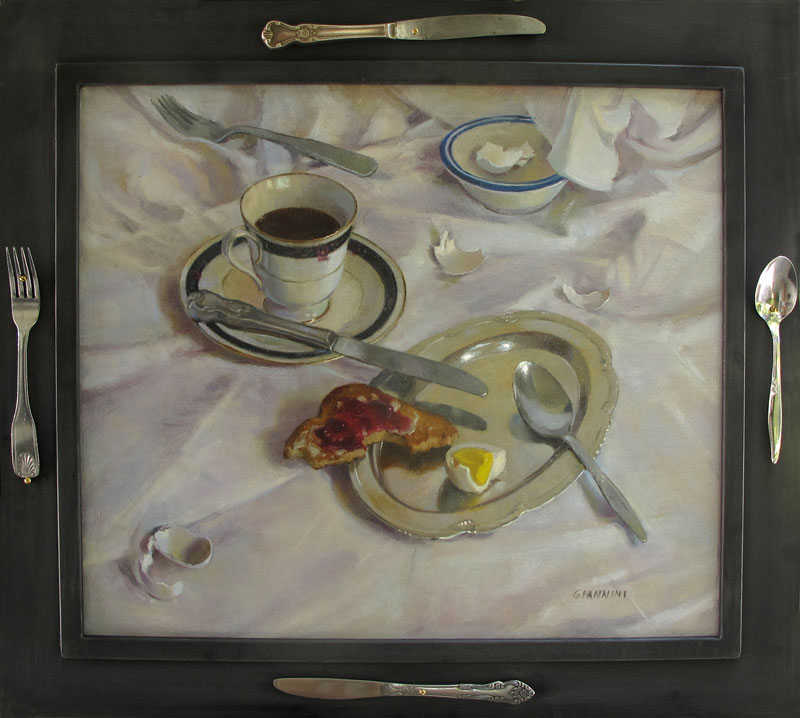 Breakfast Interrupted, 18 x 21 in., oil on Linen. Artist Made Frame