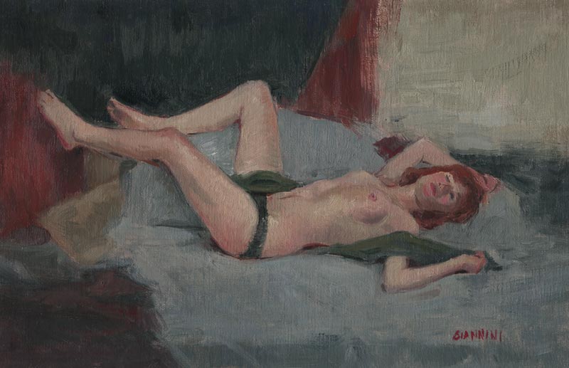 Burlesque Dancer at Rest, 6.5 x 10 in., oil on linen