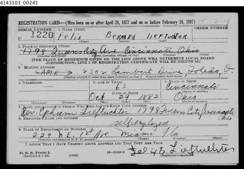 Lieftuchter Draft Card, Age 63 (1945?)