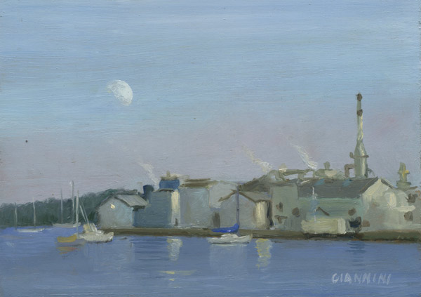 Moonrise over Maine, oil, 5 x 7 in., Oil on board,( framed view)