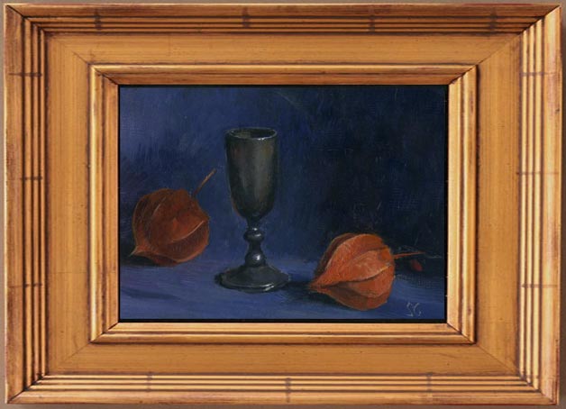 Chinese Lantern and Silver, 5 x 7 in., Oil on linen on board, framed view