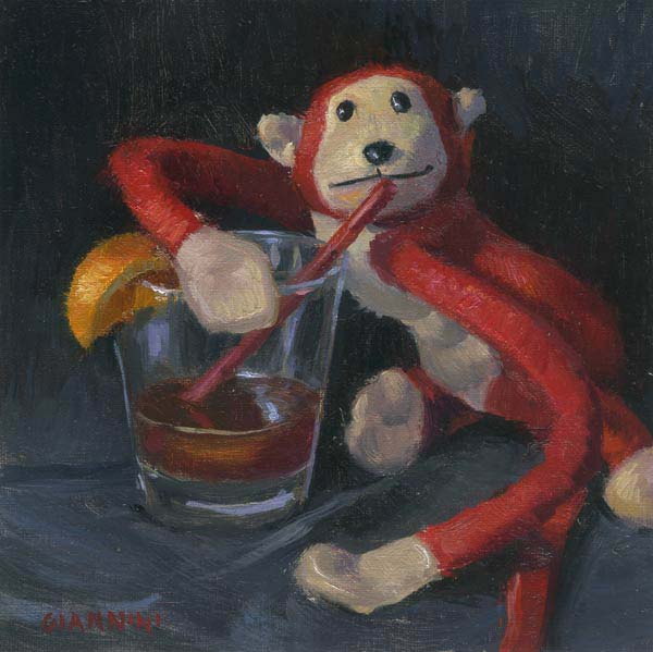 Drunk Monkey with a Manhattan, 6 x 6 in., oil on linen mounted on board