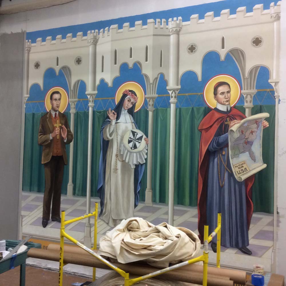 This mural was painted with Flashe paint, a very non-reflective paint similar to gauche that dries permanent.