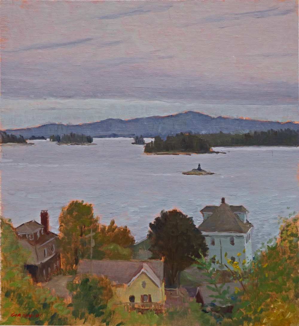 Low Clouds, Stonington Harbor, 11 x 10" or 27 x 25 cm., oil.