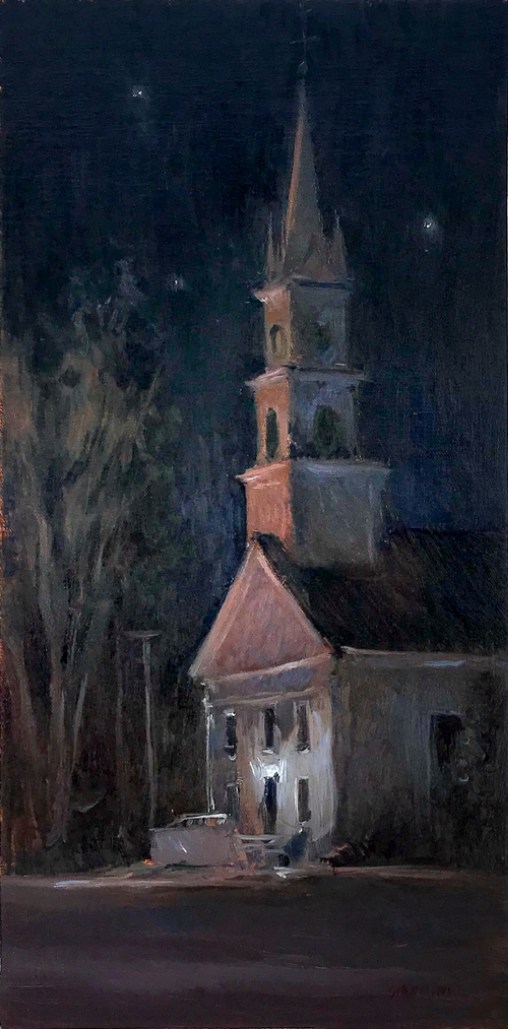 Congregational Church by Night,Tamworth, NH, 8 x 16“ or 20 x 40 cm., oil