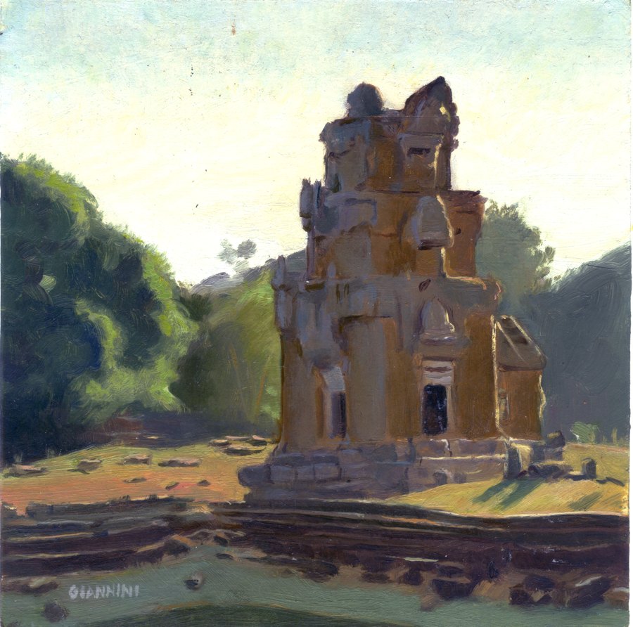 Angkor Treasure Storage Houses # 3, 7 x 7” or 13 x 18 cm., Oil.