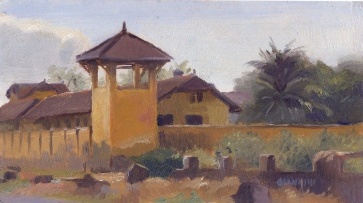 French Colonial Prison, Kampot, Cambodia,5 x 9" or 13 x 23 cm.,oil