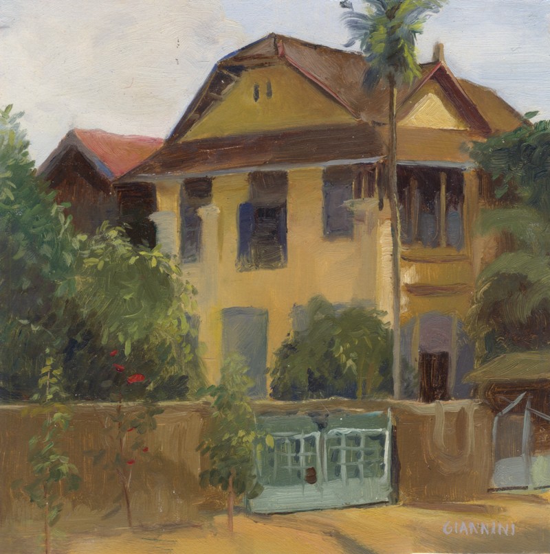 Colonial Building, Kampot, Cambodia,5 x 9" or 13 x 23 cm.,oil