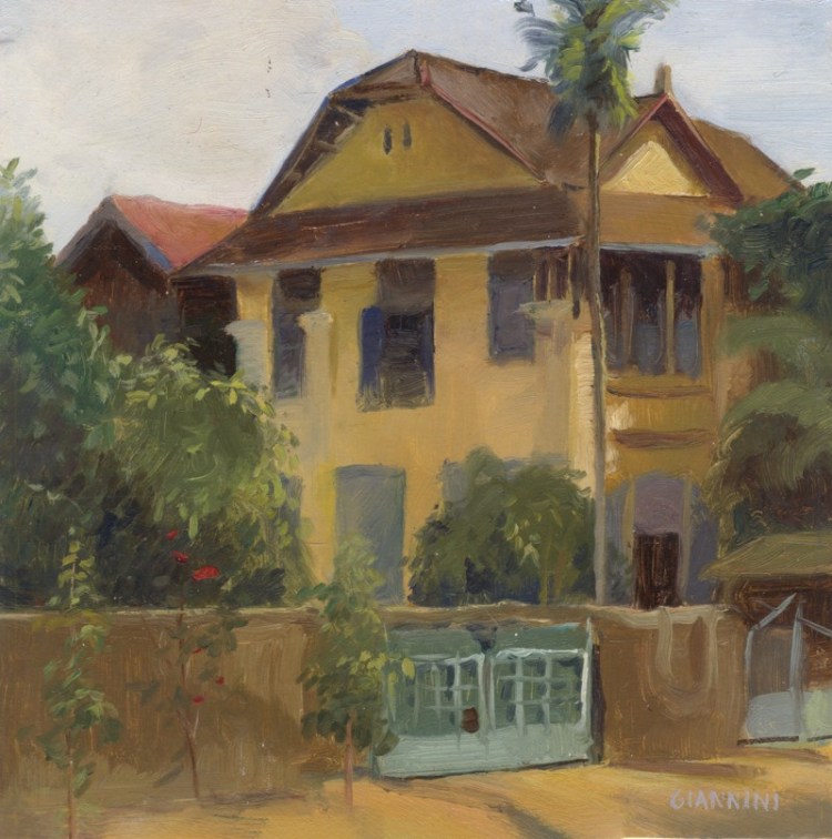 Colonial Building, Kampot, Cambodia,5 x 9" or 13 x 23 cm.,oil