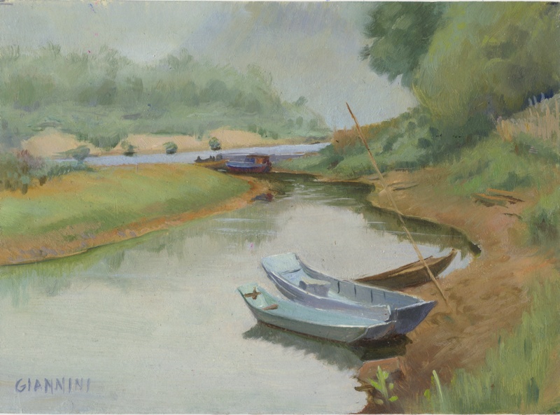 Boats in Laos, 5 x 7" or 13 x 18 cm., oil.