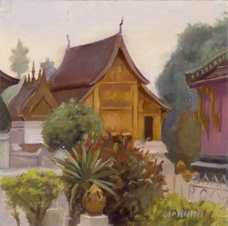 Buddhist Wat, Luang Prabang, Laos, 7 x 7 or 18 x 18 cm., oil.