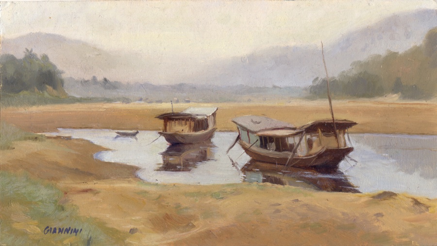 Flood Plains, Mekong River, Luang Prabang, Laos, 5 x 9 in. or 12.5 x22.5 cm., oil