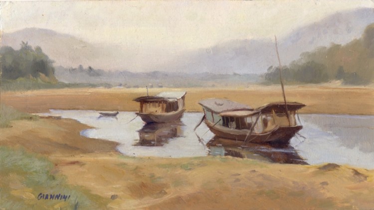 Flood Plains, Mekong River, Luang Prabang, Laos, 5 x 9 in. or 12.5 x22.5 cm., oil
