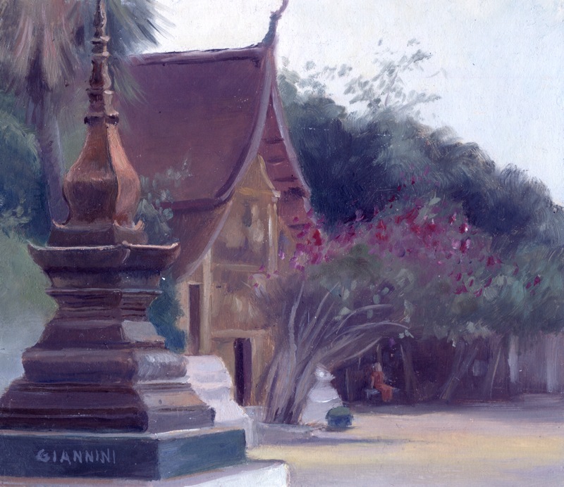 Buddhist Wat Blooming, Luang Prabang, Laos, 7 x 7 or 18 x 18 cm., oil.