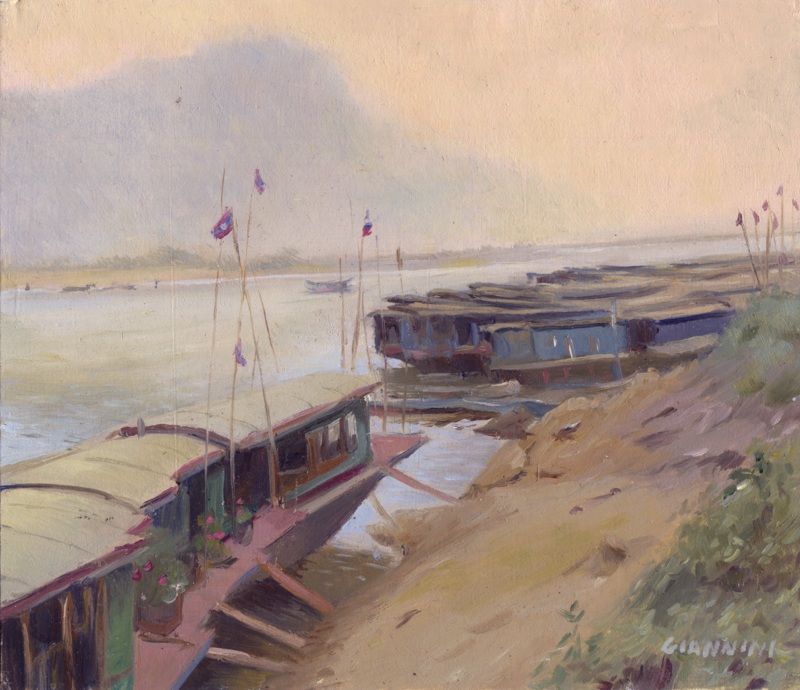 Mekong River, Luang Prabang, 7 x 7 or 18 x 18 cm., oil.