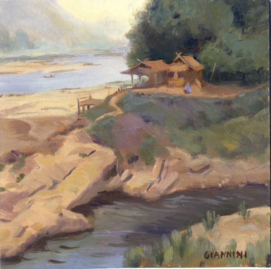 Nam Ou River Near Muan Ngoy, Laos, 7 x 7 " or 18 x 18cm.,oil