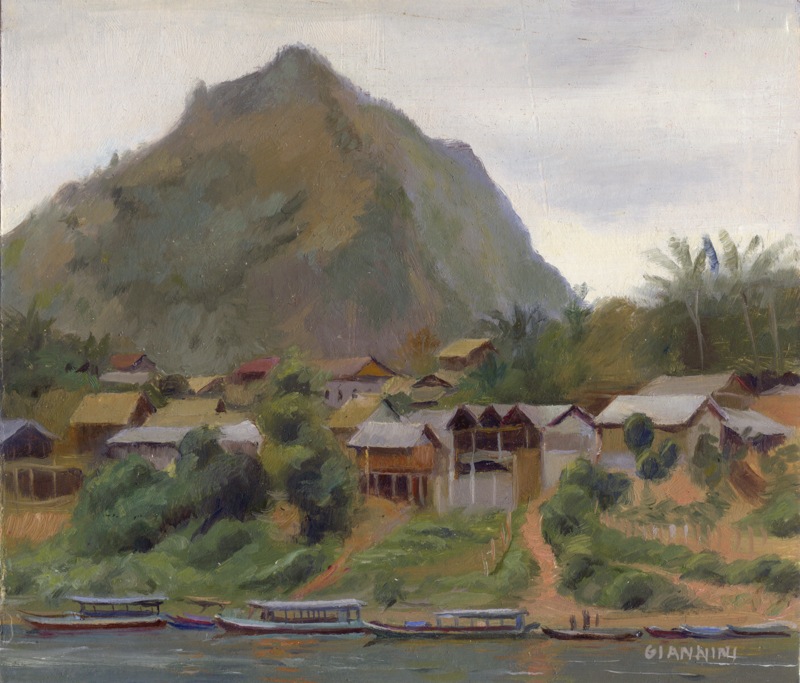 Nong Khiaw, Laos, 7 x 7 " or 18 x 18 cm., oil