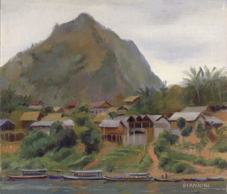 Nong Khiaw, Laos, 7 x 7 " or 18 x 18 cm., oil
