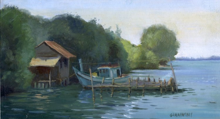 Fisherman Shack on Otres Beach, Cambodia, 5 x 9” or 13 x 23 cm., Oil