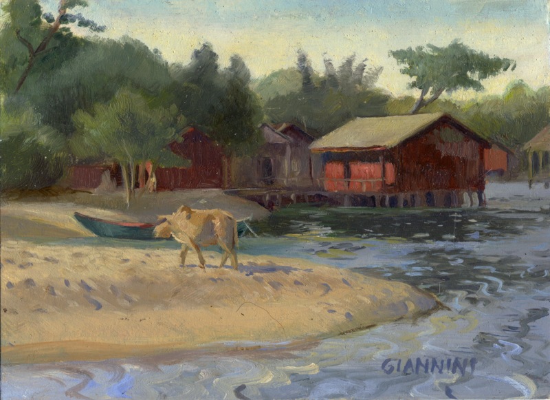 Fisherman near Otres beach, Cambodia. 4 x 12“ or 10 x 30 cm., Oil.