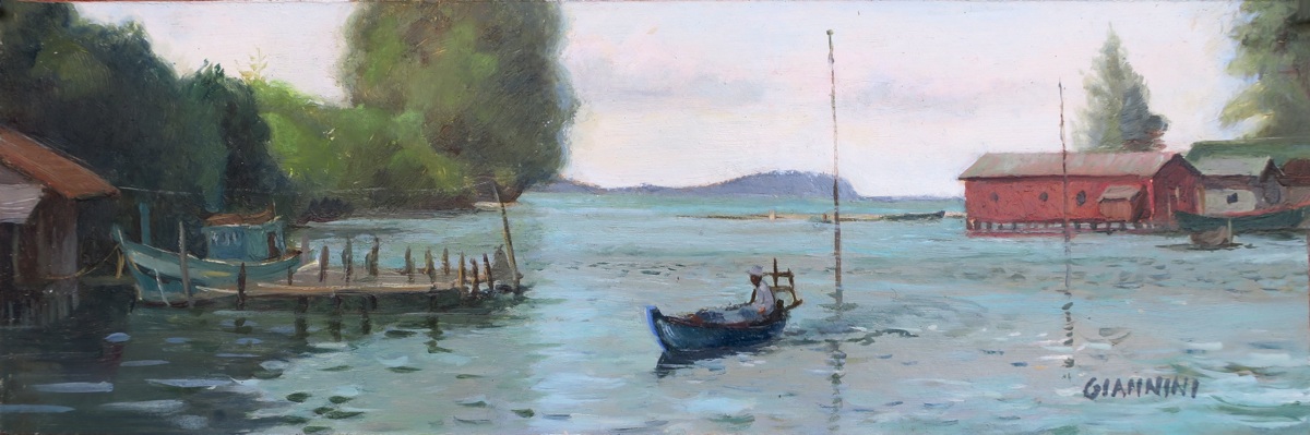 Fisherman near Otres beach, Cambodia. 4 x 12“ or 10 x 30 cm., Oil.