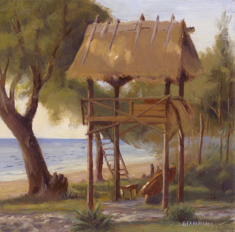 Shanti Shanti Bungalows, Otres Beach, Cambodia. 7 x 7” or 18 x 18 cm.,oil.