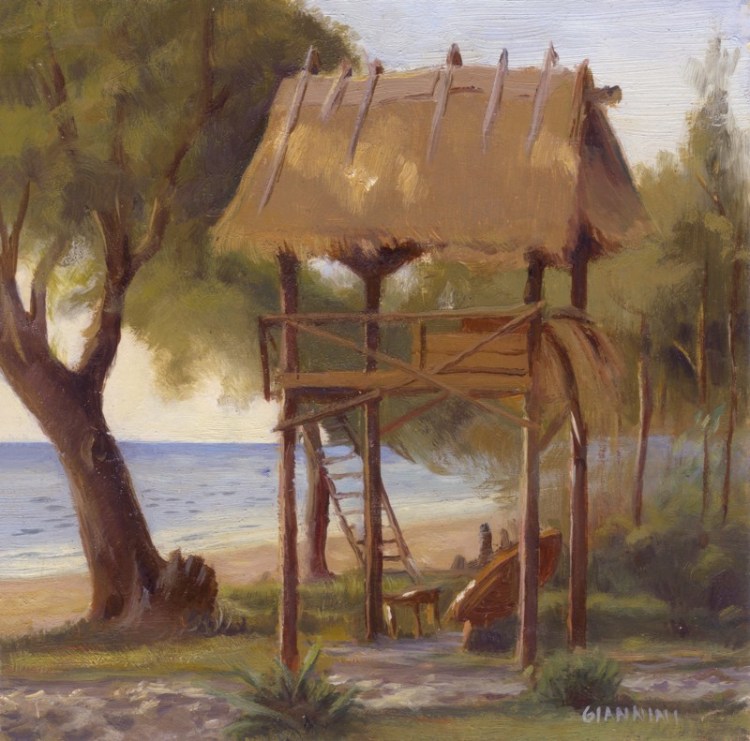 Shanti Shanti Bungalows, Otres Beach, Cambodia. 7 x 7” or 18 x 18 cm.,oil.