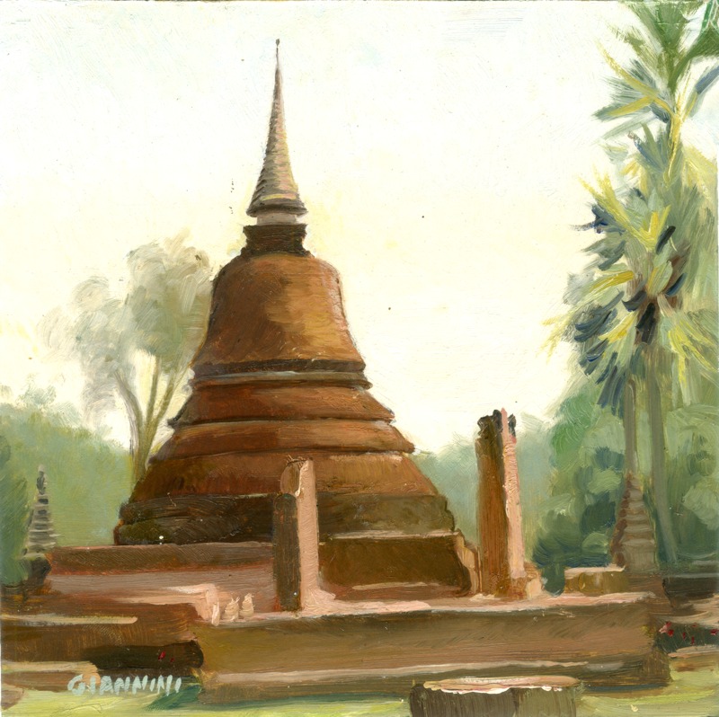 Chedi, Sukhothai, Thailand, 7 x 7” or 18 x 18 cm., Oil.