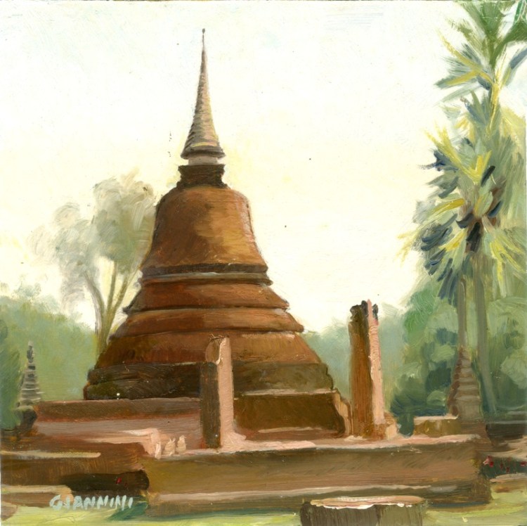 Chedi, Sukhothai, Thailand, 7 x 7” or 18 x 18 cm., Oil.