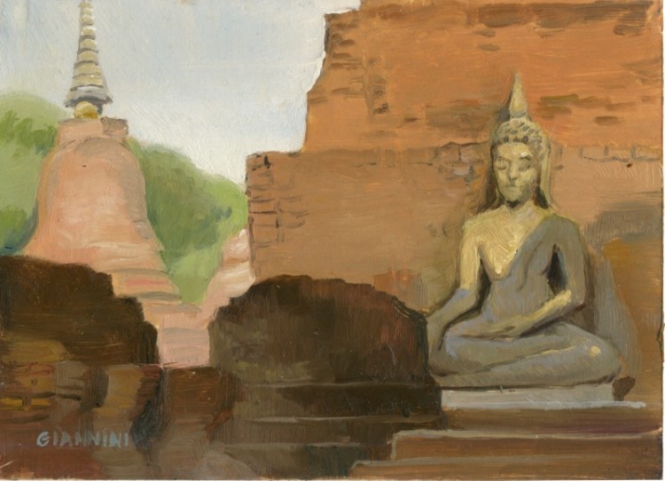 Sukhothai, Thailand, 5 x 7” Or 15 x 19 cm., Oil.