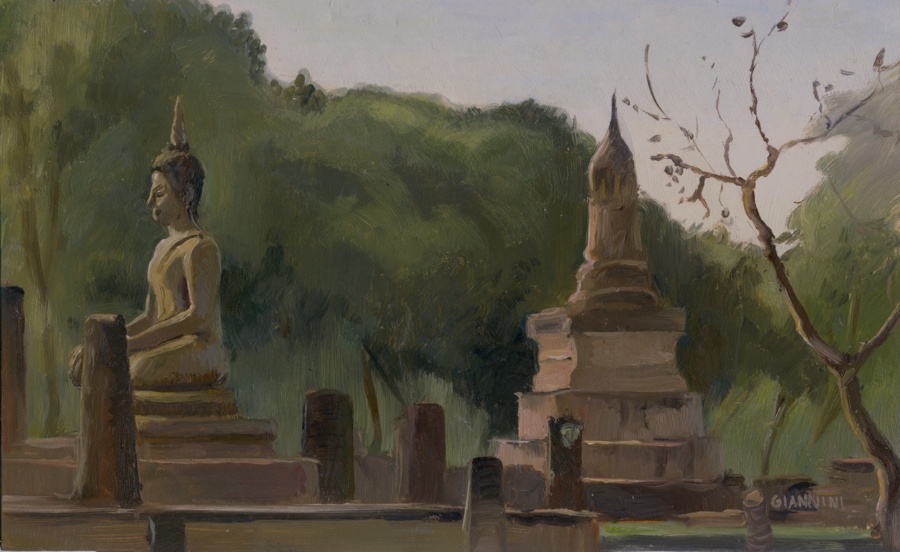 Sukhothai, Thailand, 5 x 9” or 13 x 23 cm., Oil.