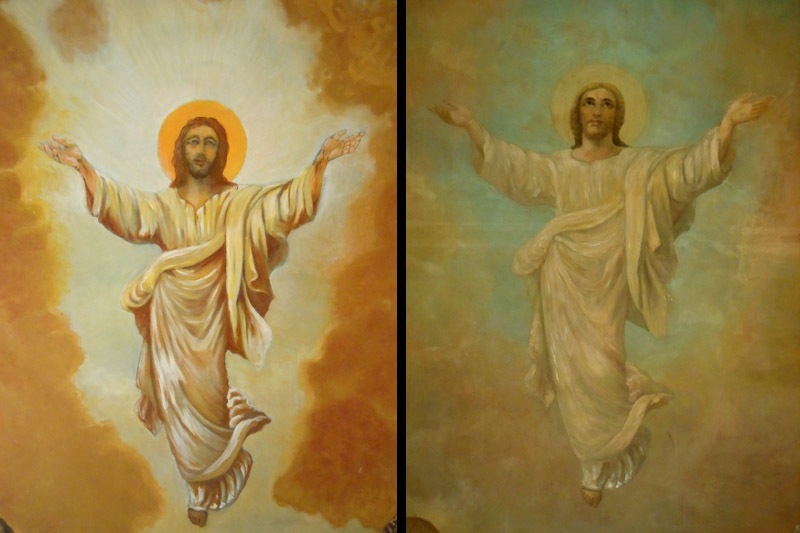 A before and after image of cleaning and conservation image of the main alter mural